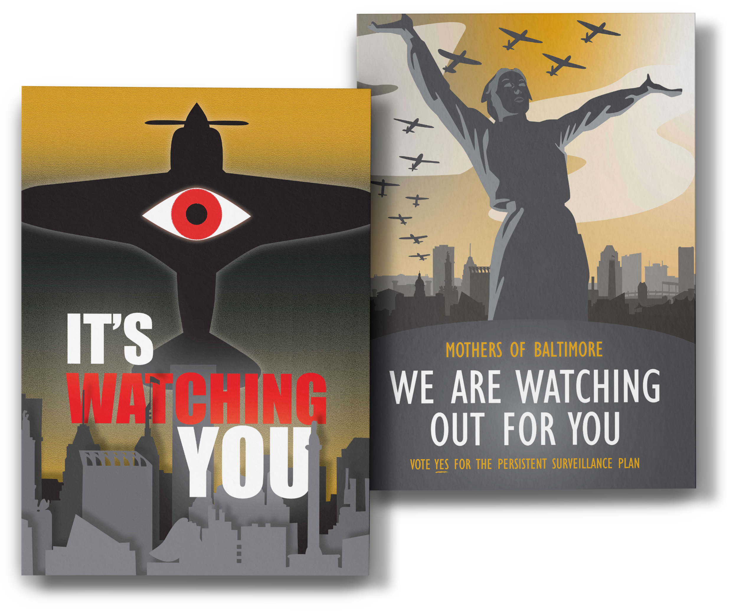 Two poster designs, one for and one agains the Baltimore City spy plane.